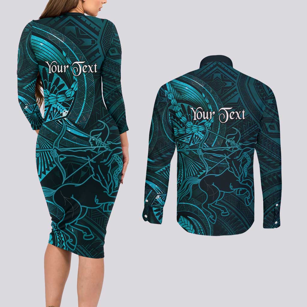 Personalised Polynesia Zodiac Sagittarius Couples Matching Long Sleeve Bodycon Dress and Long Sleeve Button Shirt Galaxy Polynesian Pattern Chest Tattoo Style