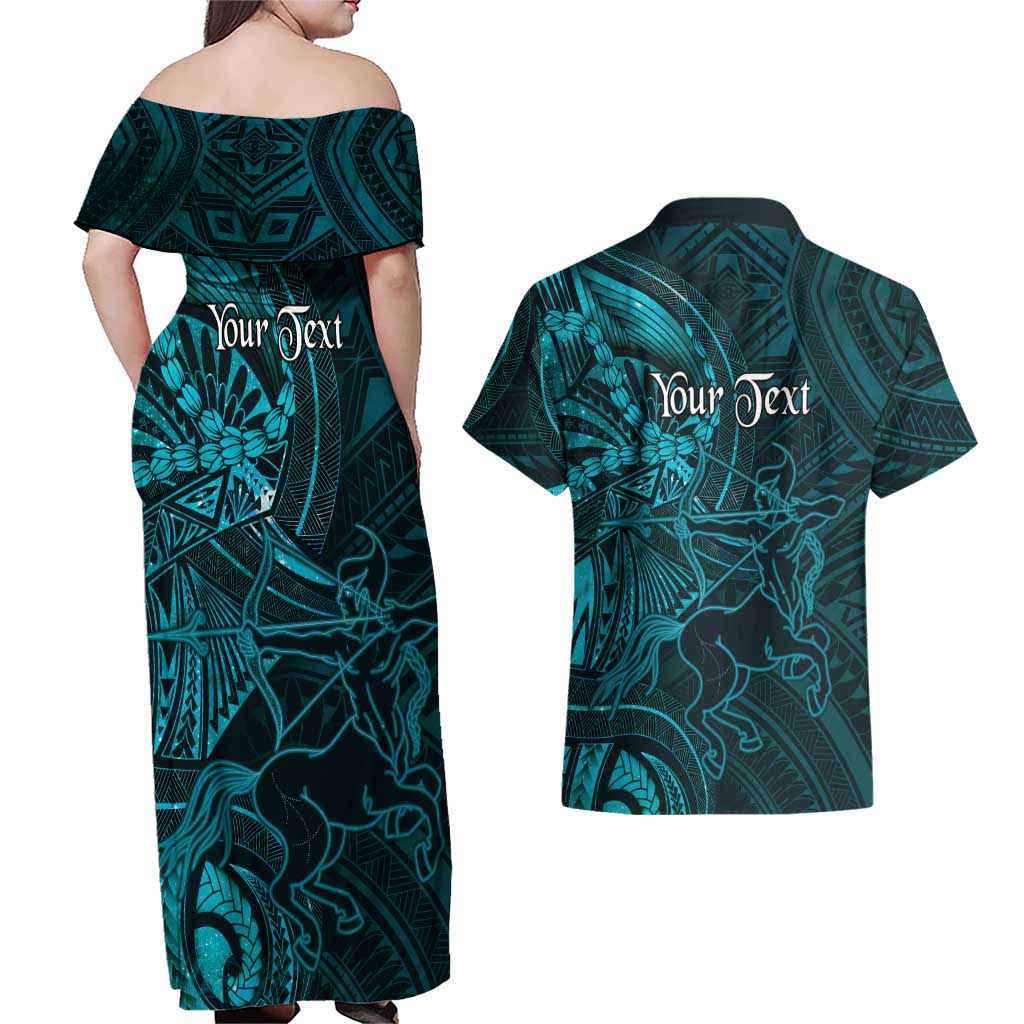 Personalised Polynesia Zodiac Sagittarius Couples Matching Off Shoulder Maxi Dress and Hawaiian Shirt Galaxy Polynesian Pattern Chest Tattoo Style
