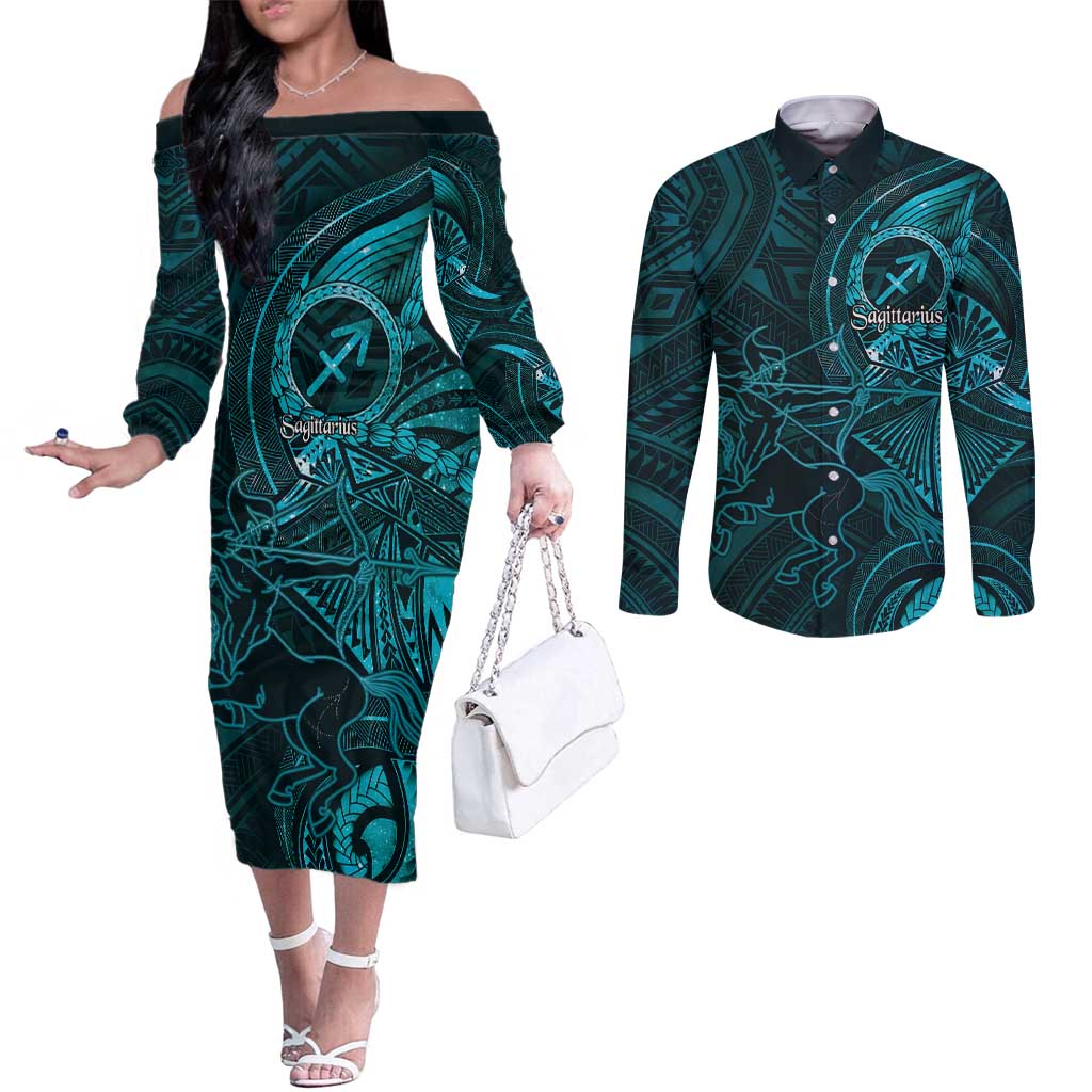 Personalised Polynesia Zodiac Sagittarius Couples Matching Off The Shoulder Long Sleeve Dress and Long Sleeve Button Shirt Galaxy Polynesian Pattern Chest Tattoo Style