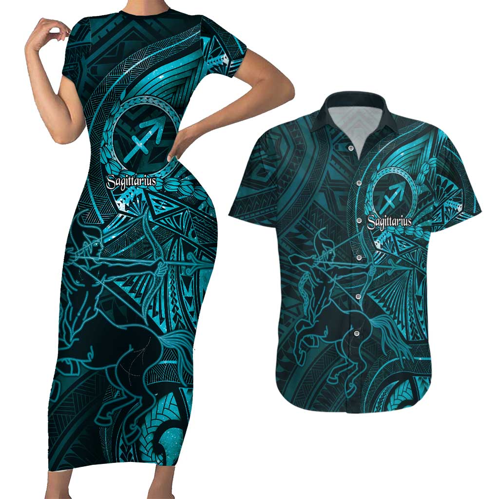 Personalised Polynesia Zodiac Sagittarius Couples Matching Short Sleeve Bodycon Dress and Hawaiian Shirt Galaxy Polynesian Pattern Chest Tattoo Style LT14 Cyan - Polynesian Pride