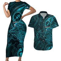 Personalised Polynesia Zodiac Sagittarius Couples Matching Short Sleeve Bodycon Dress and Hawaiian Shirt Galaxy Polynesian Pattern Chest Tattoo Style LT14 Cyan - Polynesian Pride
