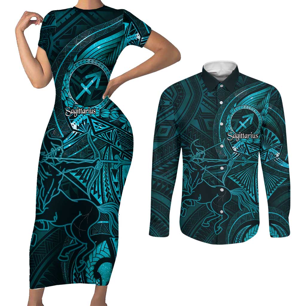 Personalised Polynesia Zodiac Sagittarius Couples Matching Short Sleeve Bodycon Dress and Long Sleeve Button Shirt Galaxy Polynesian Pattern Chest Tattoo Style