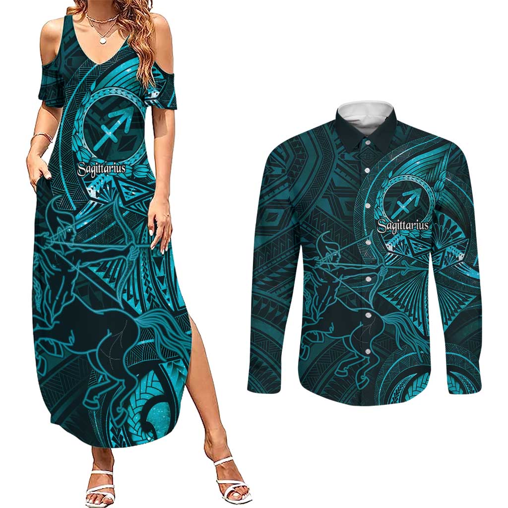 Personalised Polynesia Zodiac Sagittarius Couples Matching Summer Maxi Dress and Long Sleeve Button Shirt Galaxy Polynesian Pattern Chest Tattoo Style