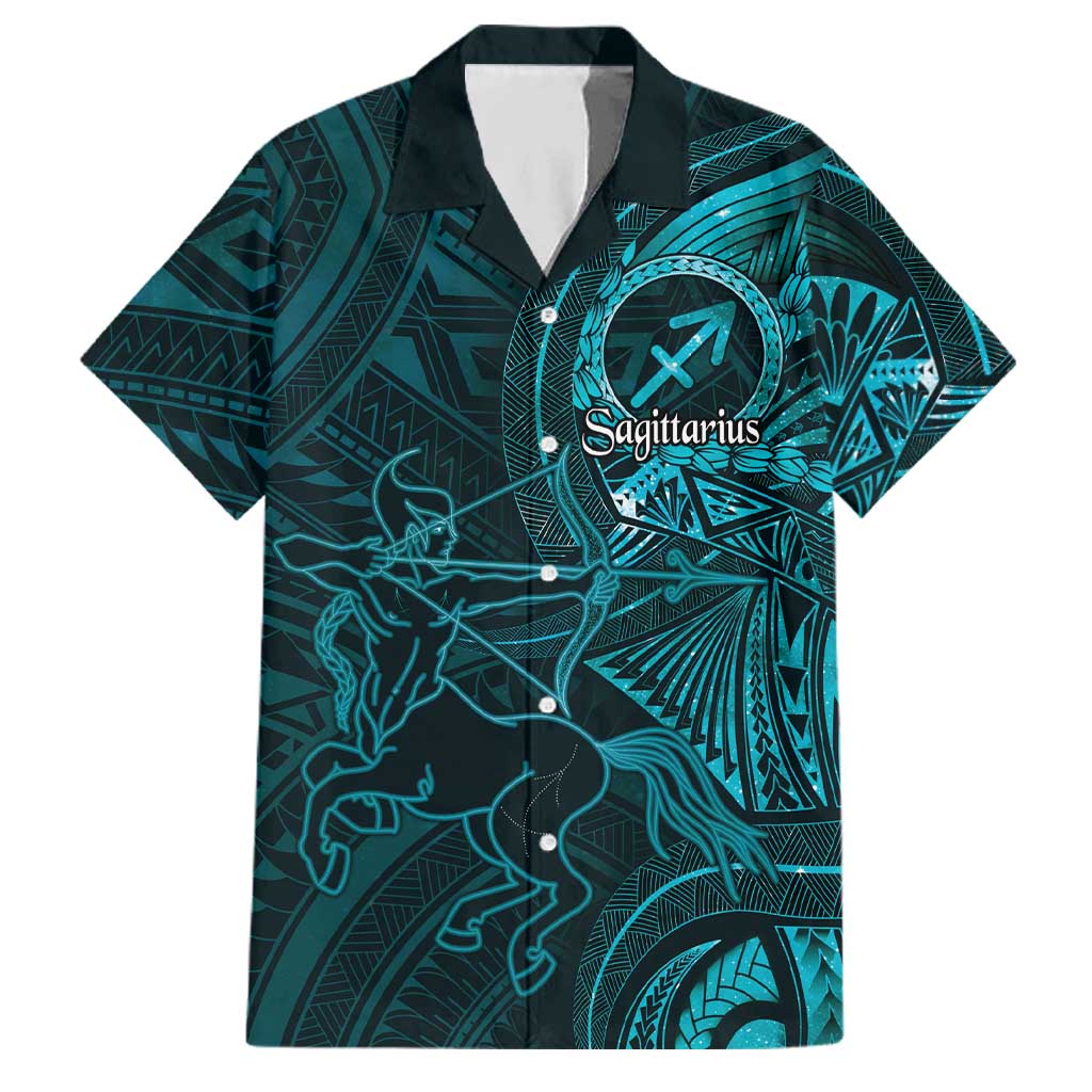 Personalised Polynesia Zodiac Sagittarius Family Matching Off The Shoulder Long Sleeve Dress and Hawaiian Shirt Galaxy Polynesian Pattern Chest Tattoo Style LT14 Dad's Shirt - Short Sleeve Cyan - Polynesian Pride