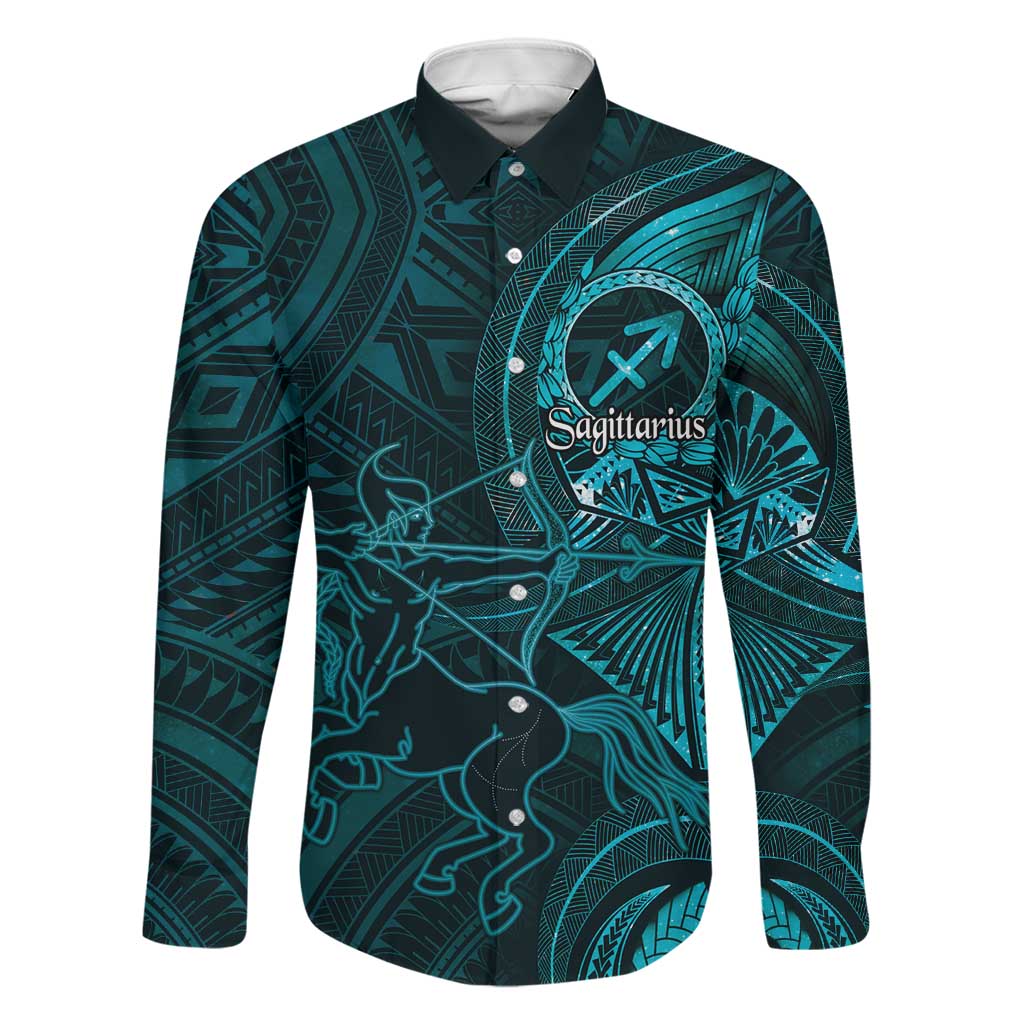 Personalised Polynesia Zodiac Sagittarius Family Matching Off The Shoulder Long Sleeve Dress and Hawaiian Shirt Galaxy Polynesian Pattern Chest Tattoo Style LT14 Dad's Shirt - Long Sleeve Cyan - Polynesian Pride