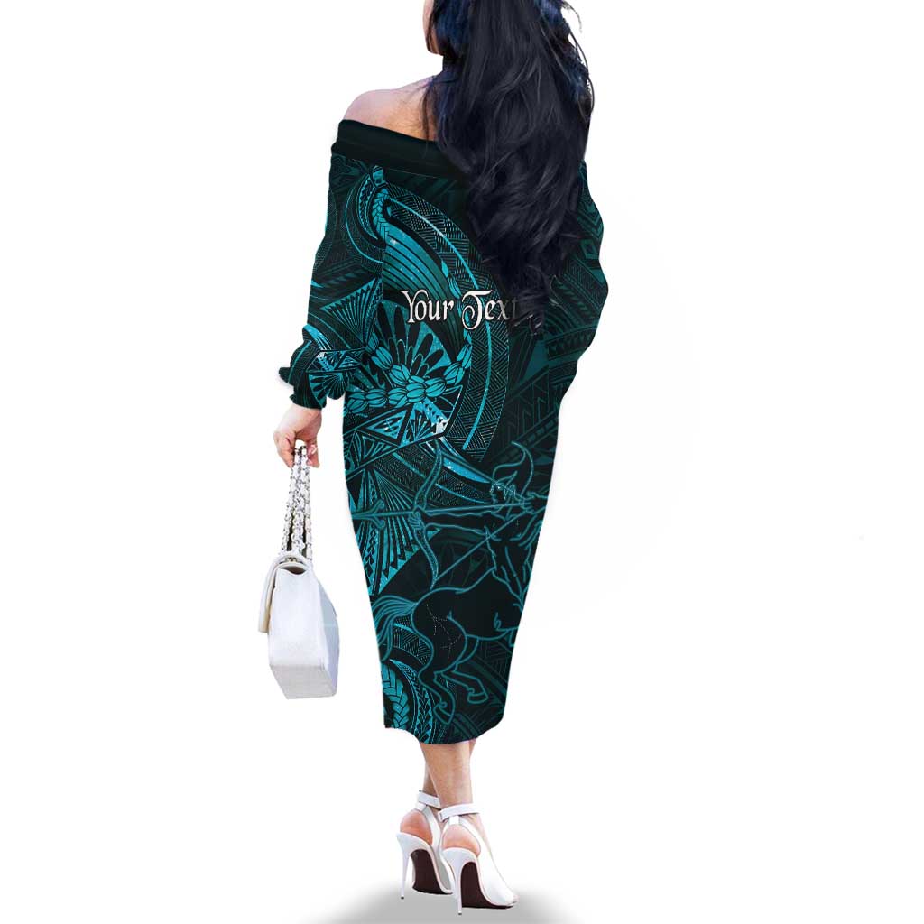 Personalised Polynesia Zodiac Sagittarius Family Matching Off The Shoulder Long Sleeve Dress and Hawaiian Shirt Galaxy Polynesian Pattern Chest Tattoo Style LT14 - Polynesian Pride