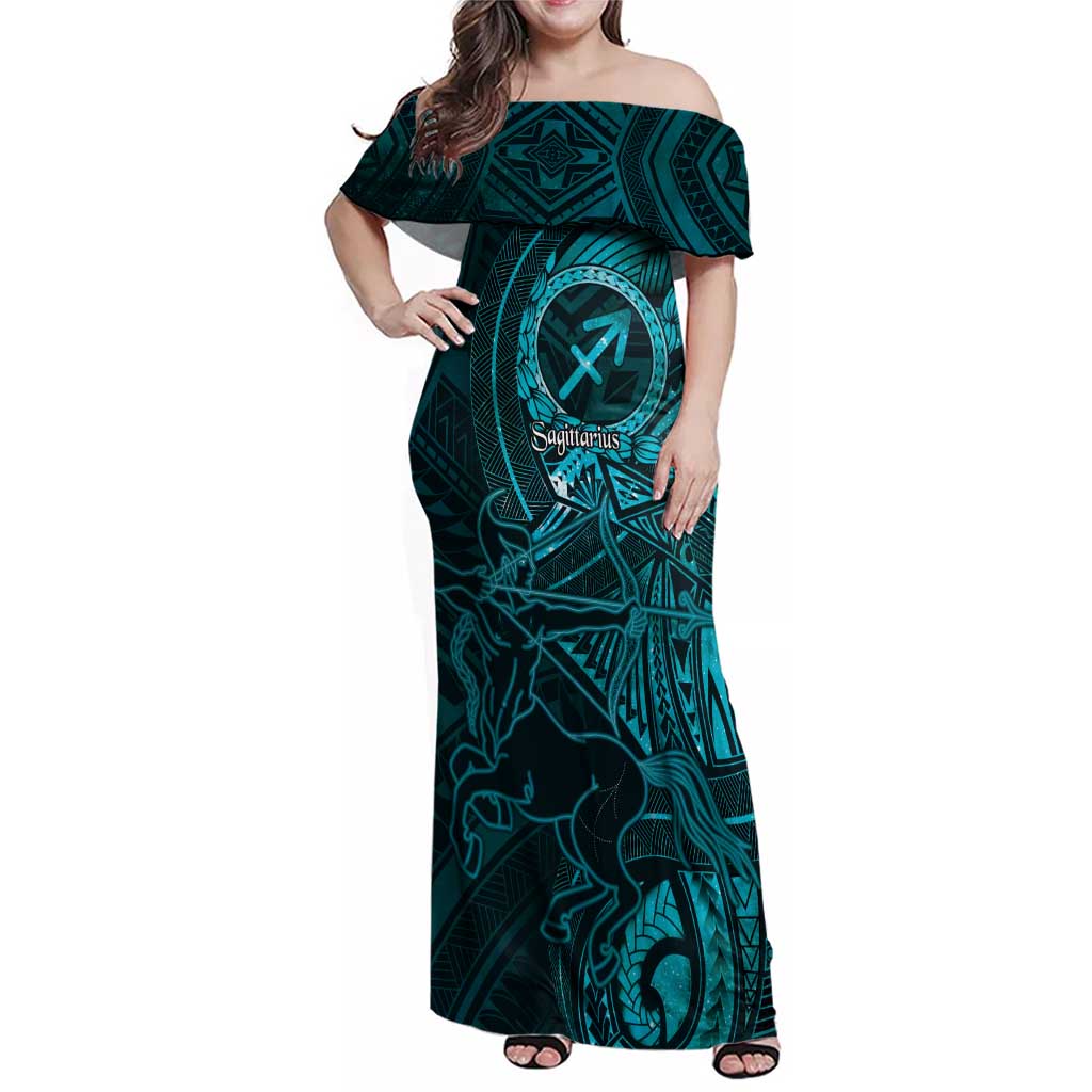 Personalised Polynesia Zodiac Sagittarius Family Matching Off Shoulder Maxi Dress and Hawaiian Shirt Galaxy Polynesian Pattern Chest Tattoo Style LT14 Mom's Dress Cyan - Polynesian Pride