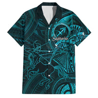 Personalised Polynesia Zodiac Sagittarius Family Matching Summer Maxi Dress and Hawaiian Shirt Galaxy Polynesian Pattern Chest Tattoo Style LT14 Dad's Shirt - Short Sleeve Cyan - Polynesian Pride