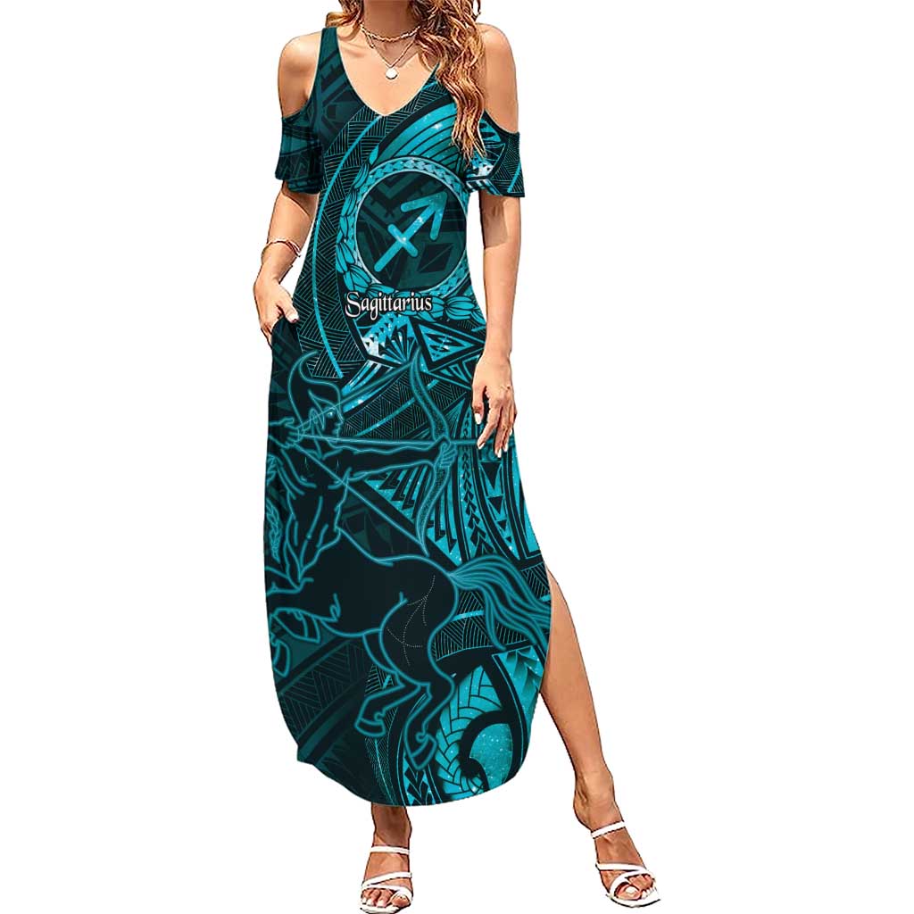 Personalised Polynesia Zodiac Sagittarius Family Matching Summer Maxi Dress and Hawaiian Shirt Galaxy Polynesian Pattern Chest Tattoo Style LT14 Mom's Dress Cyan - Polynesian Pride