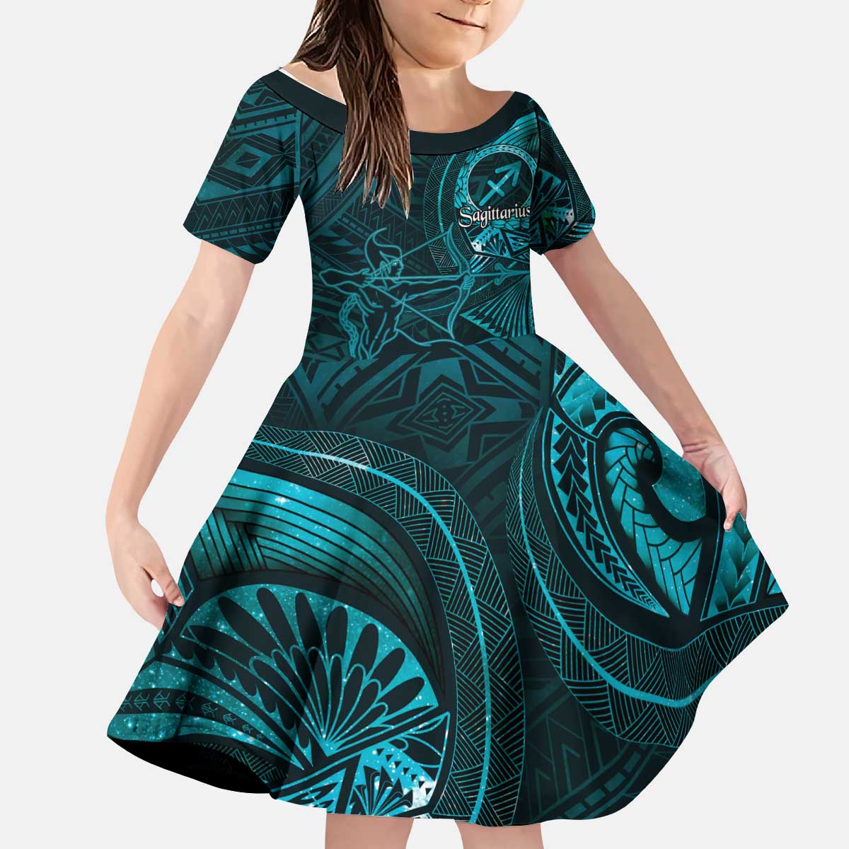 Personalised Polynesia Zodiac Sagittarius Kid Short Sleeve Dress Galaxy Polynesian Pattern Chest Tattoo Style