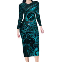 Personalised Polynesia Zodiac Sagittarius Long Sleeve Bodycon Dress Galaxy Polynesian Pattern Chest Tattoo Style LT14 Long Dress Cyan - Polynesian Pride