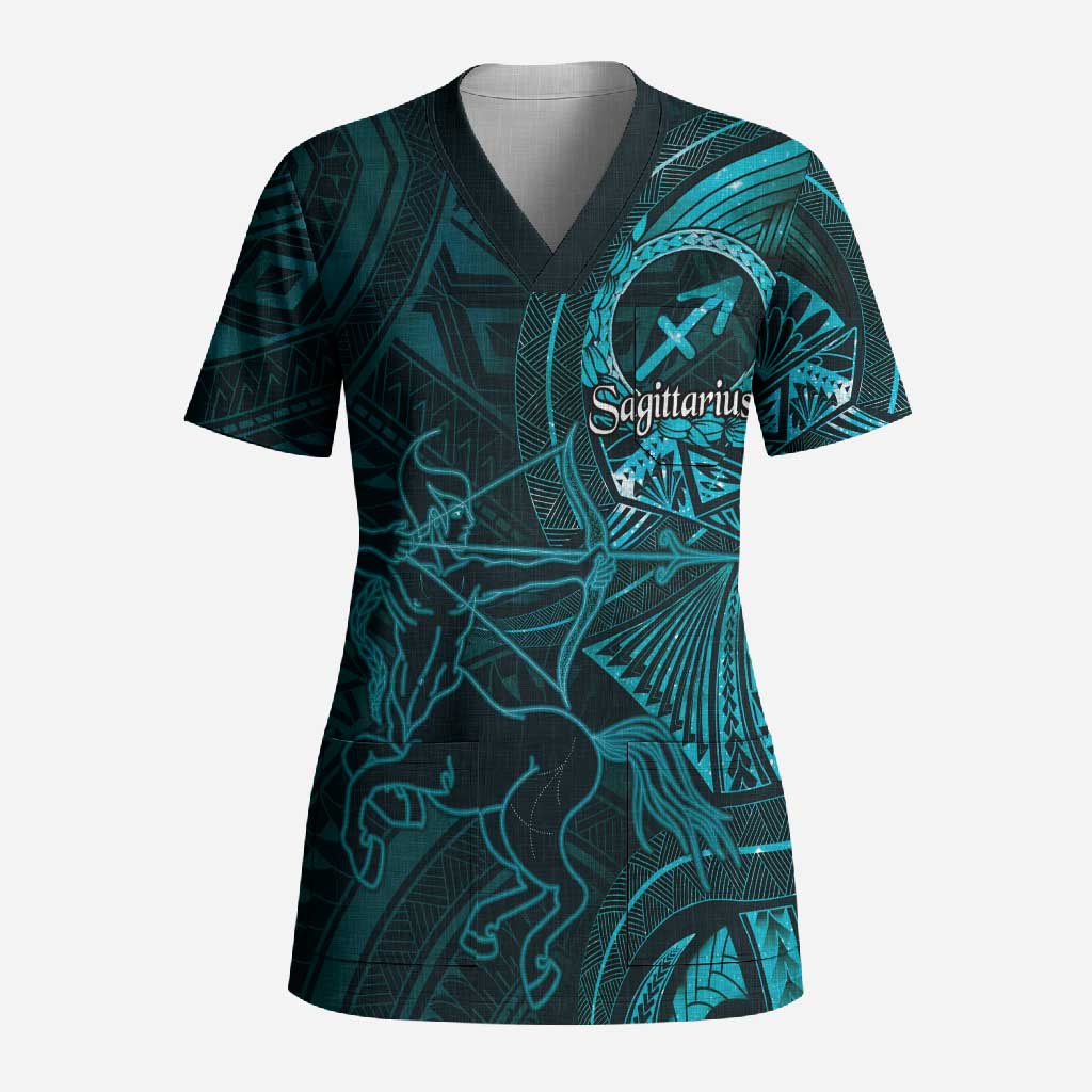 Personalised Polynesia Zodiac Sagittarius Scrub Top Galaxy Polynesian Pattern Chest Tattoo Style