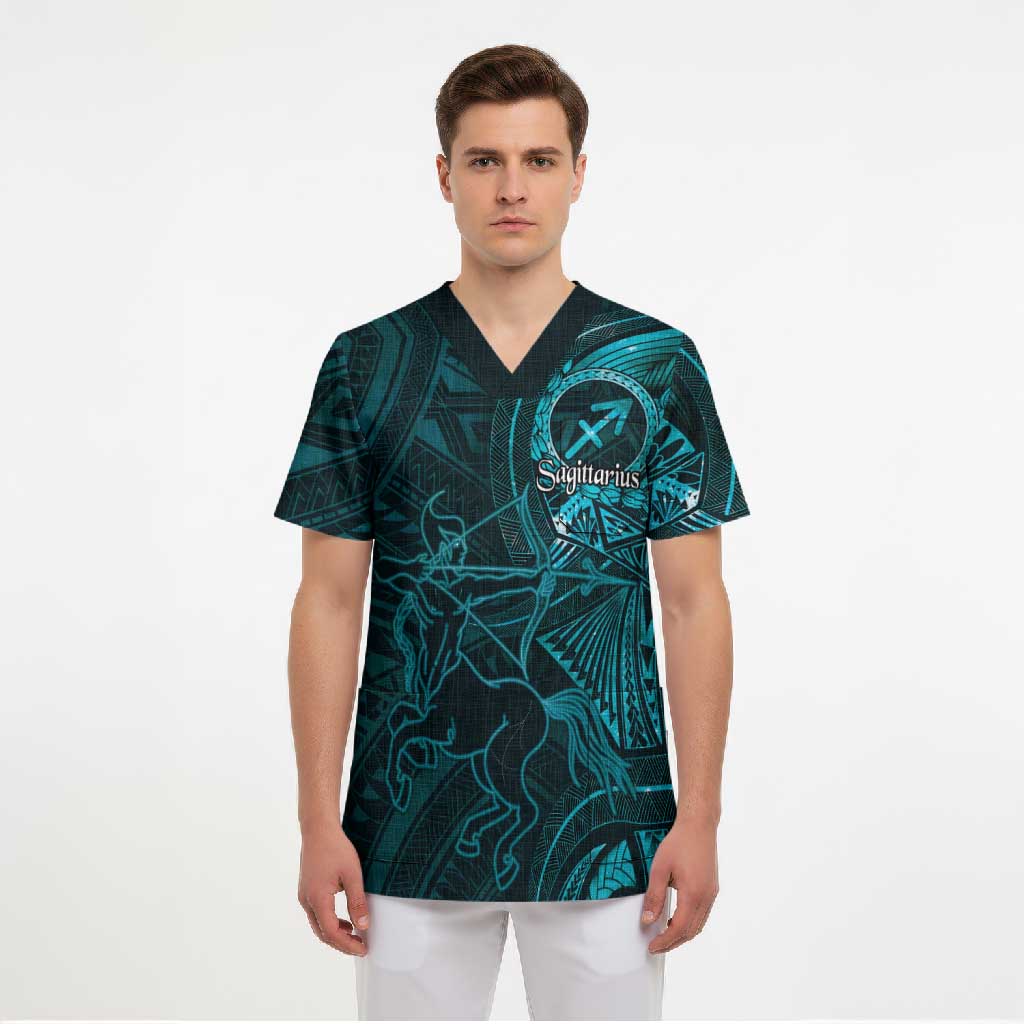Personalised Polynesia Zodiac Sagittarius Scrub Top Galaxy Polynesian Pattern Chest Tattoo Style