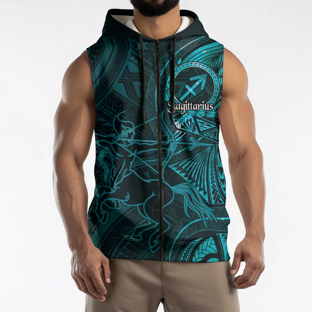 Personalised Polynesia Zodiac Sagittarius Sleeveless Zip Hoodie Galaxy Polynesian Pattern Chest Tattoo Style