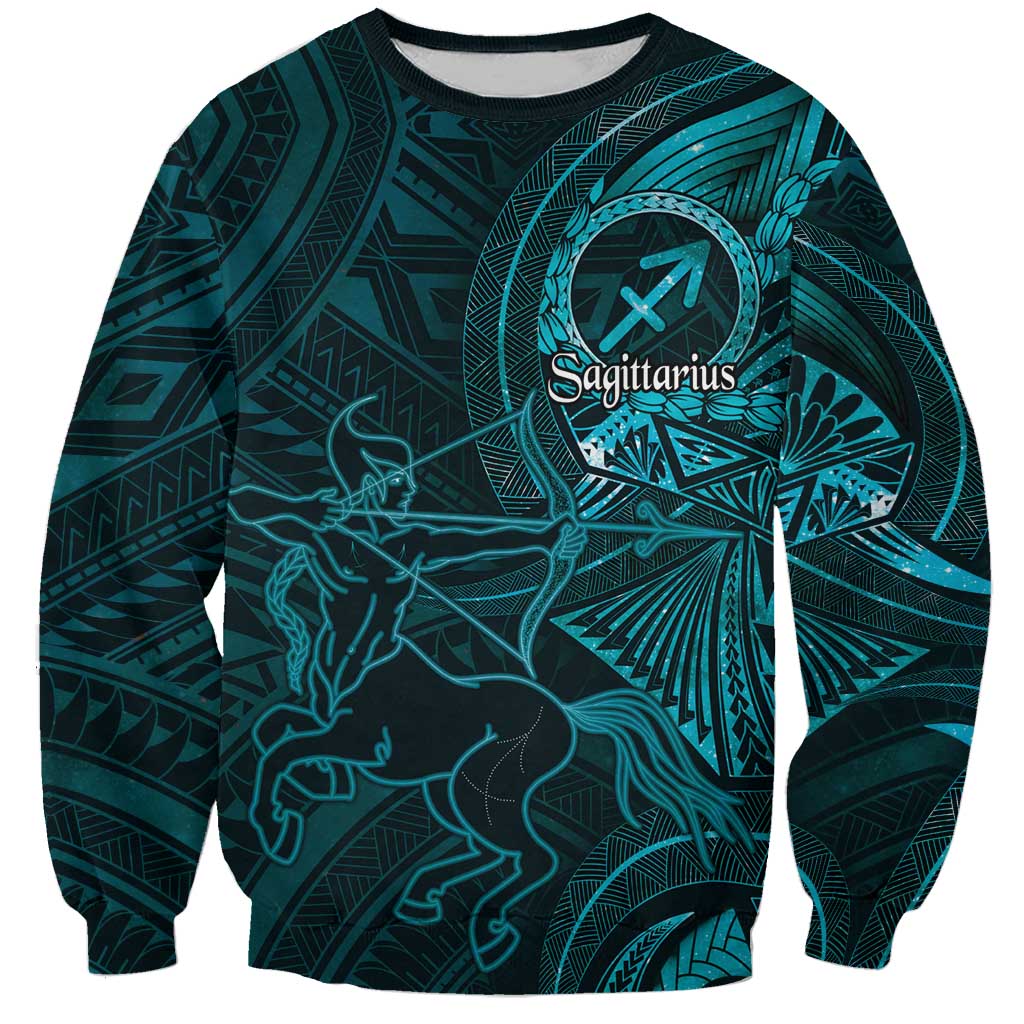 Personalised Polynesia Zodiac Sagittarius Sweatshirt Galaxy Polynesian Pattern Chest Tattoo Style LT14 Unisex Cyan - Polynesian Pride