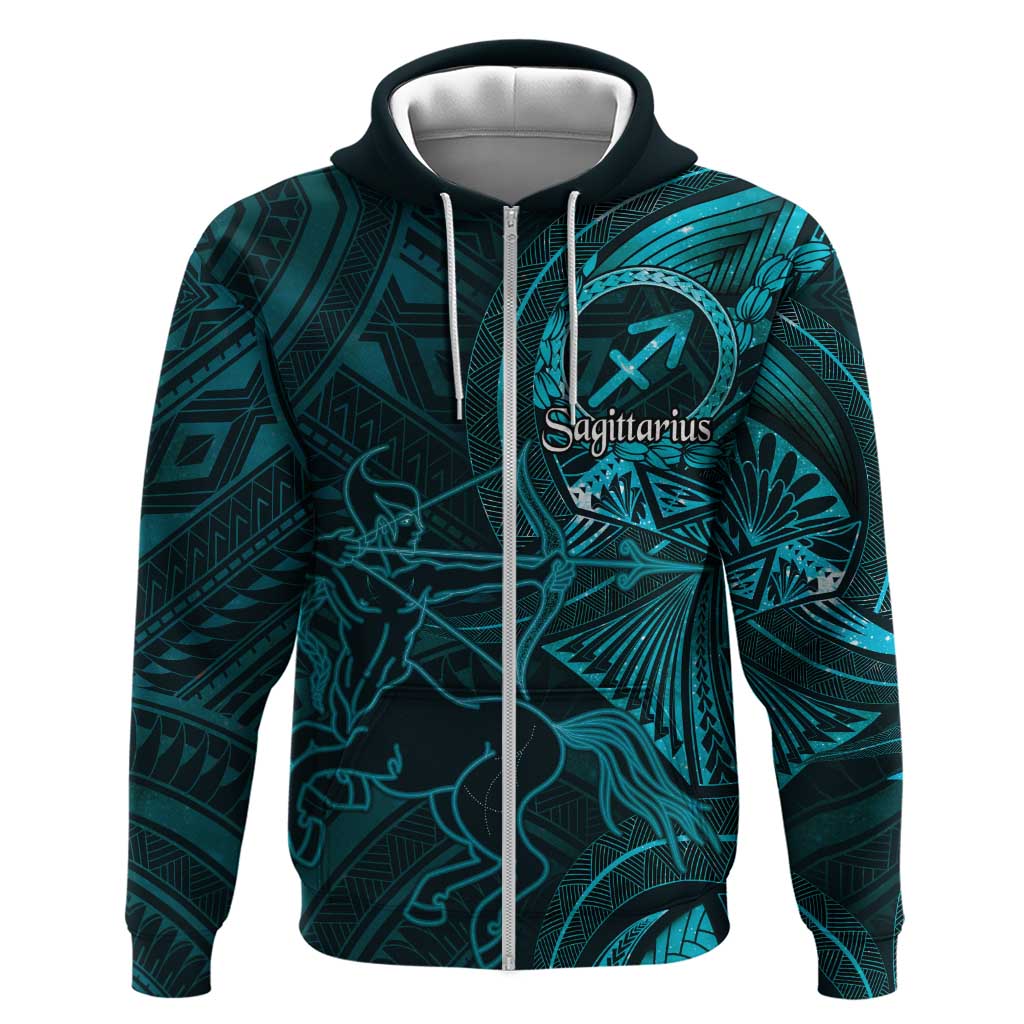 Personalised Polynesia Zodiac Sagittarius Zip Hoodie Galaxy Polynesian Pattern Chest Tattoo Style LT14 Zip Hoodie Cyan - Polynesian Pride