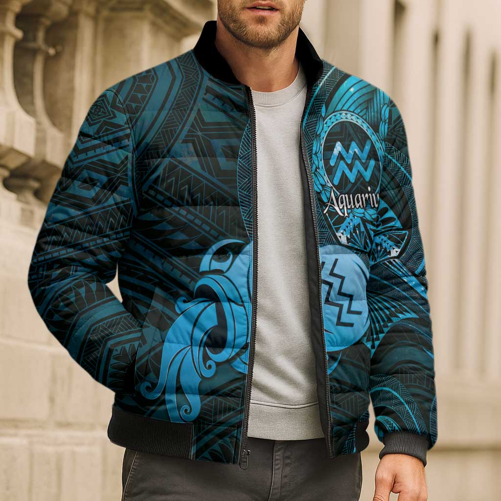Personalised Polynesia Zodiac Aquarius Bomber Puffer Jacket Galaxy Polynesian Pattern Chest Tattoo Style