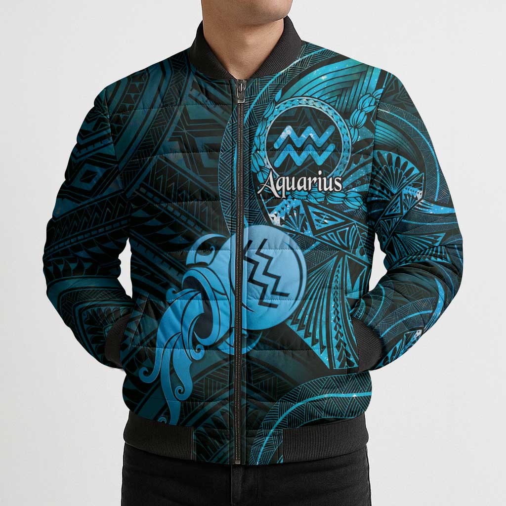 Personalised Polynesia Zodiac Aquarius Bomber Puffer Jacket Galaxy Polynesian Pattern Chest Tattoo Style
