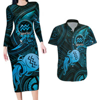 Personalised Polynesia Zodiac Aquarius Couples Matching Long Sleeve Bodycon Dress and Hawaiian Shirt Galaxy Polynesian Pattern Chest Tattoo Style LT14 Blue - Polynesian Pride
