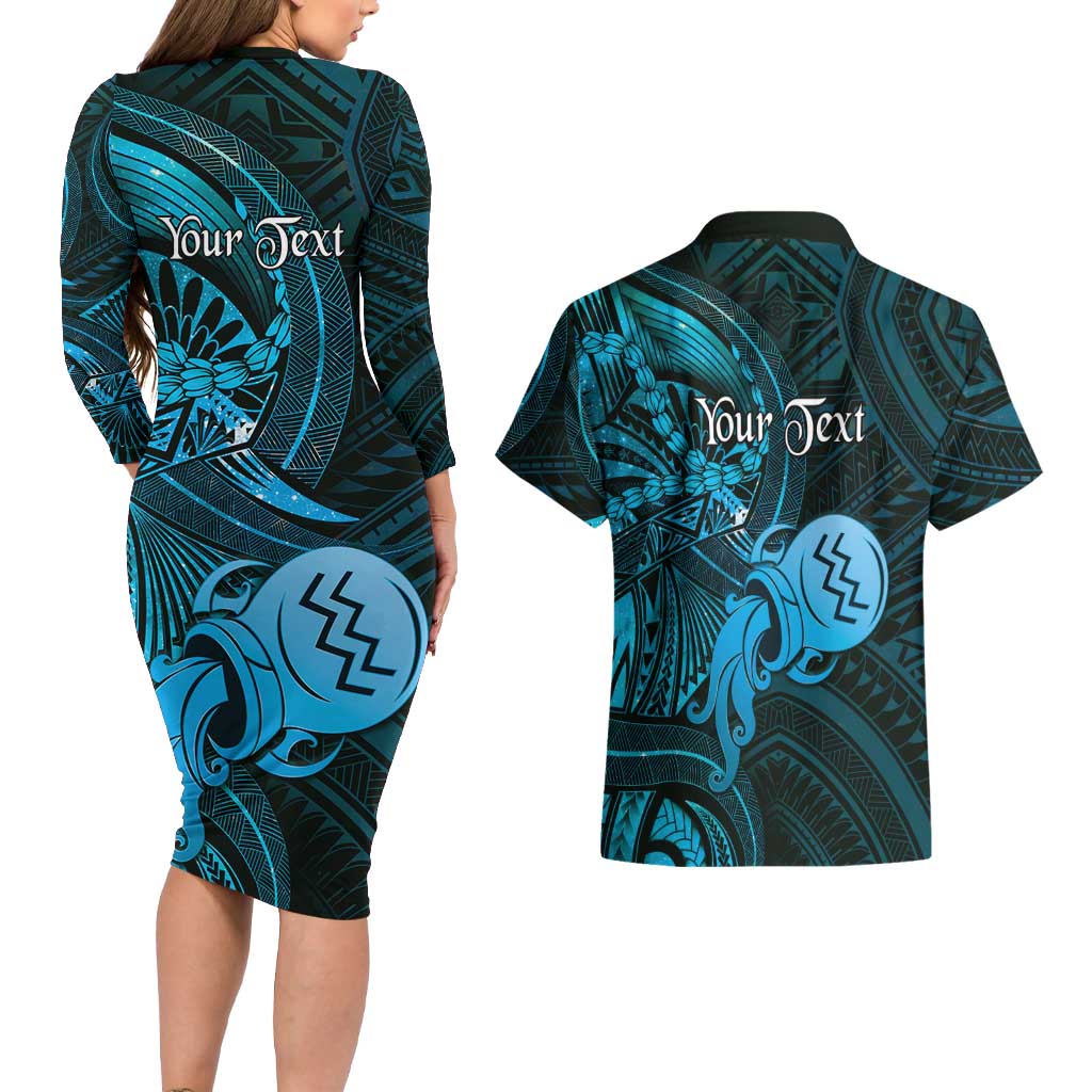 Personalised Polynesia Zodiac Aquarius Couples Matching Long Sleeve Bodycon Dress and Hawaiian Shirt Galaxy Polynesian Pattern Chest Tattoo Style LT14 - Polynesian Pride
