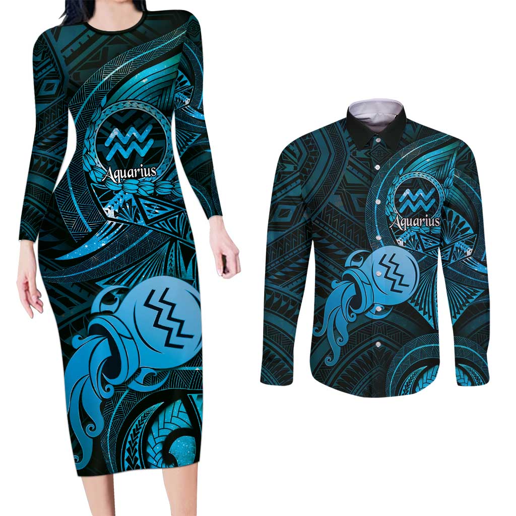 Personalised Polynesia Zodiac Aquarius Couples Matching Long Sleeve Bodycon Dress and Long Sleeve Button Shirt Galaxy Polynesian Pattern Chest Tattoo Style