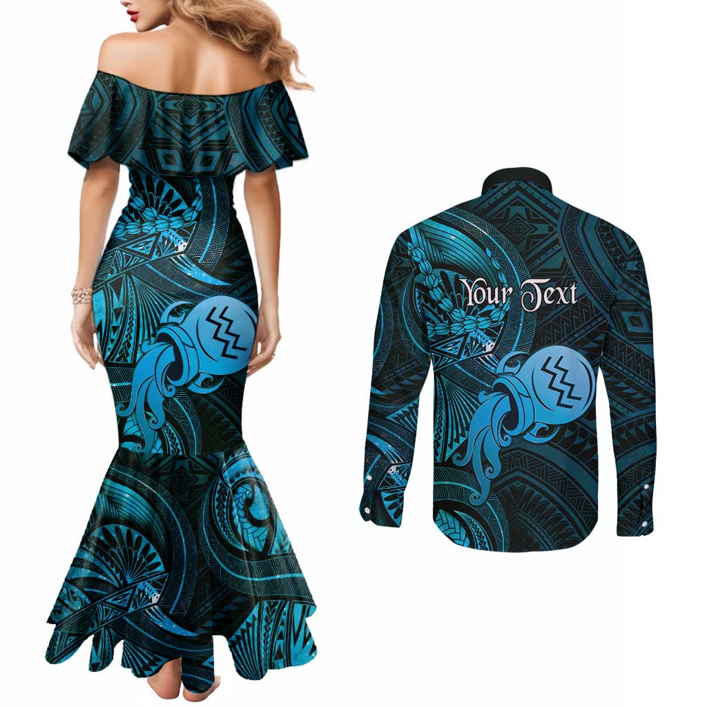 Personalised Polynesia Zodiac Aquarius Couples Matching Mermaid Dress and Long Sleeve Button Shirt Galaxy Polynesian Pattern Chest Tattoo Style