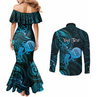 Personalised Polynesia Zodiac Aquarius Couples Matching Mermaid Dress and Long Sleeve Button Shirt Galaxy Polynesian Pattern Chest Tattoo Style
