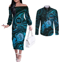 Personalised Polynesia Zodiac Aquarius Couples Matching Off The Shoulder Long Sleeve Dress and Long Sleeve Button Shirt Galaxy Polynesian Pattern Chest Tattoo Style