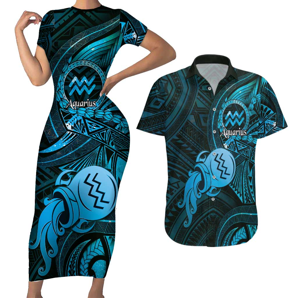 Personalised Polynesia Zodiac Aquarius Couples Matching Short Sleeve Bodycon Dress and Hawaiian Shirt Galaxy Polynesian Pattern Chest Tattoo Style LT14 Blue - Polynesian Pride