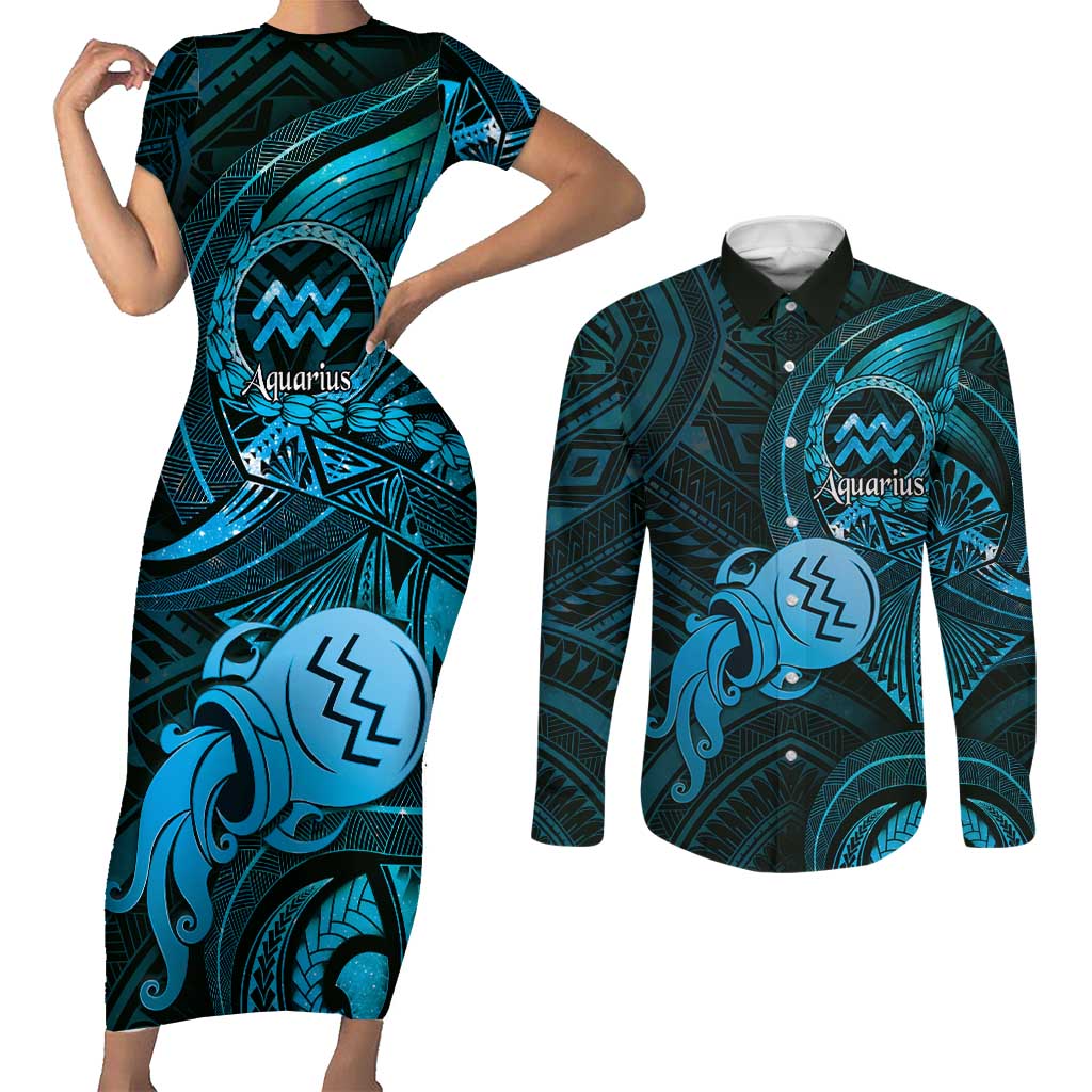 Personalised Polynesia Zodiac Aquarius Couples Matching Short Sleeve Bodycon Dress and Long Sleeve Button Shirt Galaxy Polynesian Pattern Chest Tattoo Style
