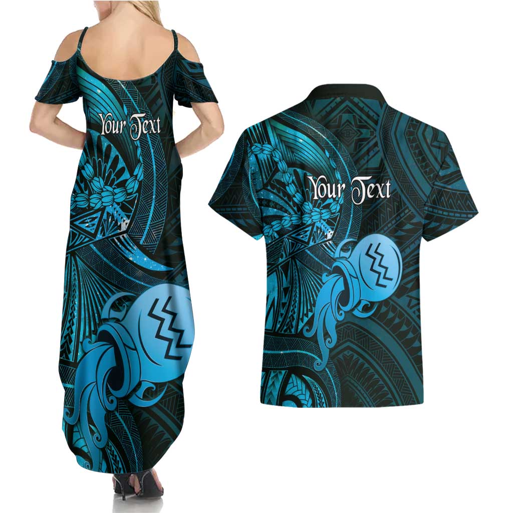 Personalised Polynesia Zodiac Aquarius Couples Matching Summer Maxi Dress and Hawaiian Shirt Galaxy Polynesian Pattern Chest Tattoo Style