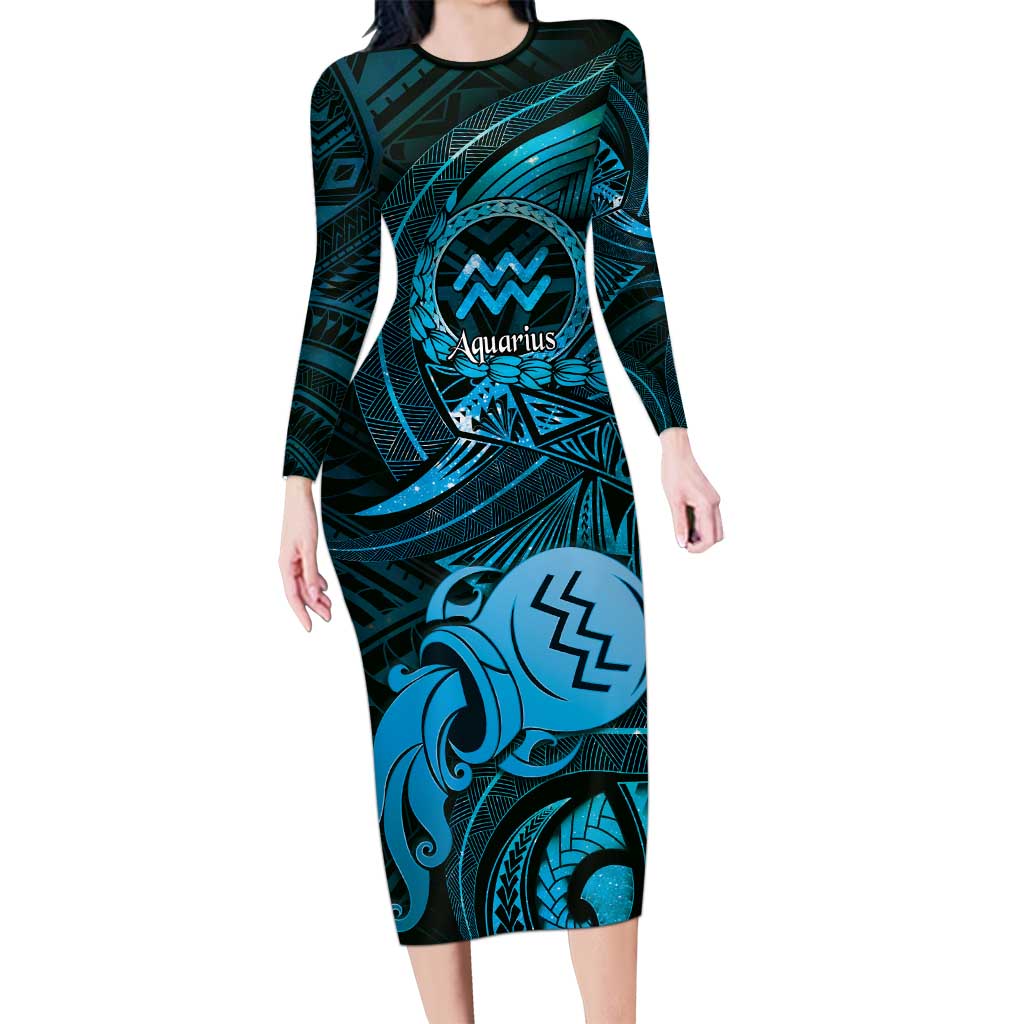 Personalised Polynesia Zodiac Aquarius Family Matching Long Sleeve Bodycon Dress and Hawaiian Shirt Galaxy Polynesian Pattern Chest Tattoo Style LT14 Mom's Dress Blue - Polynesian Pride