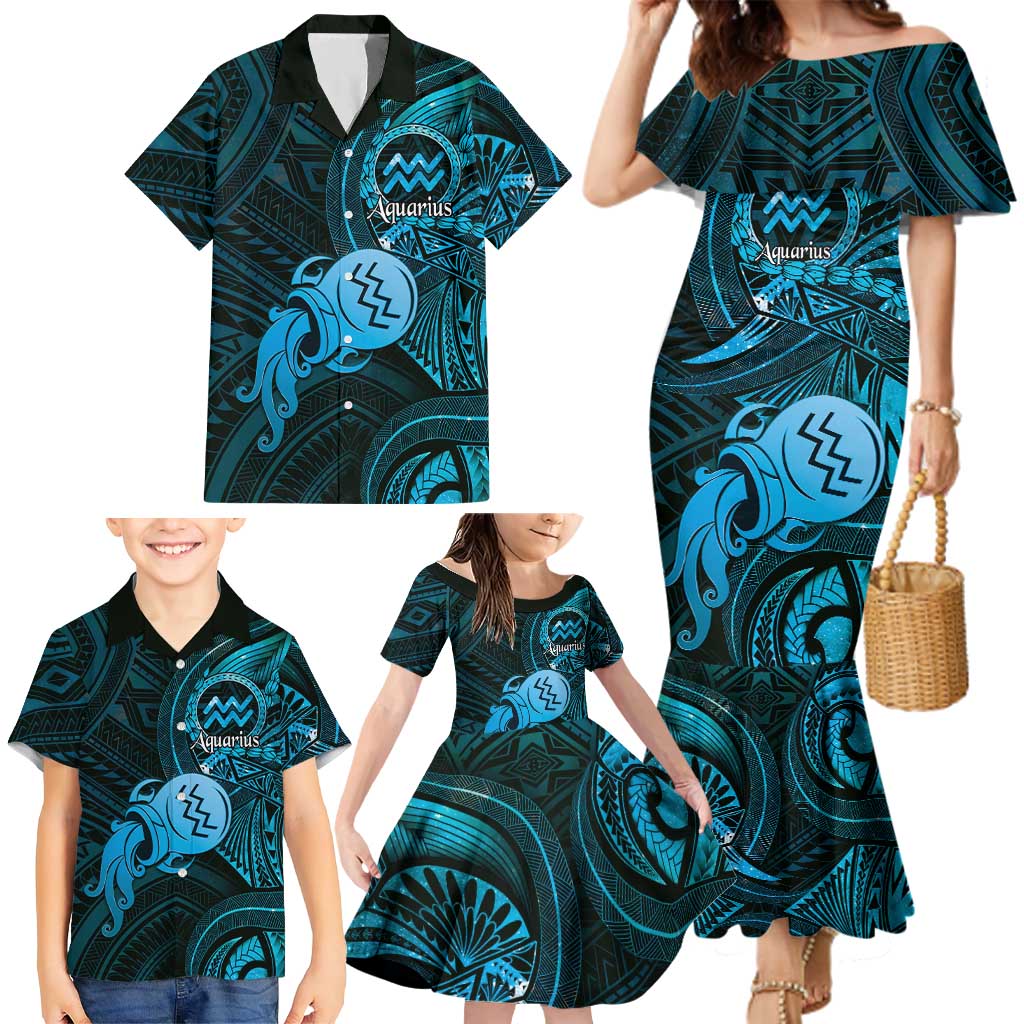 Personalised Polynesia Zodiac Aquarius Family Matching Mermaid Dress and Hawaiian Shirt Galaxy Polynesian Pattern Chest Tattoo Style LT14 - Polynesian Pride