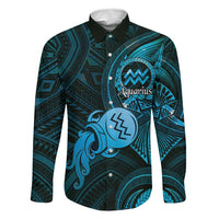 Personalised Polynesia Zodiac Aquarius Family Matching Mermaid Dress and Hawaiian Shirt Galaxy Polynesian Pattern Chest Tattoo Style LT14 Dad's Shirt - Long Sleeve Blue - Polynesian Pride