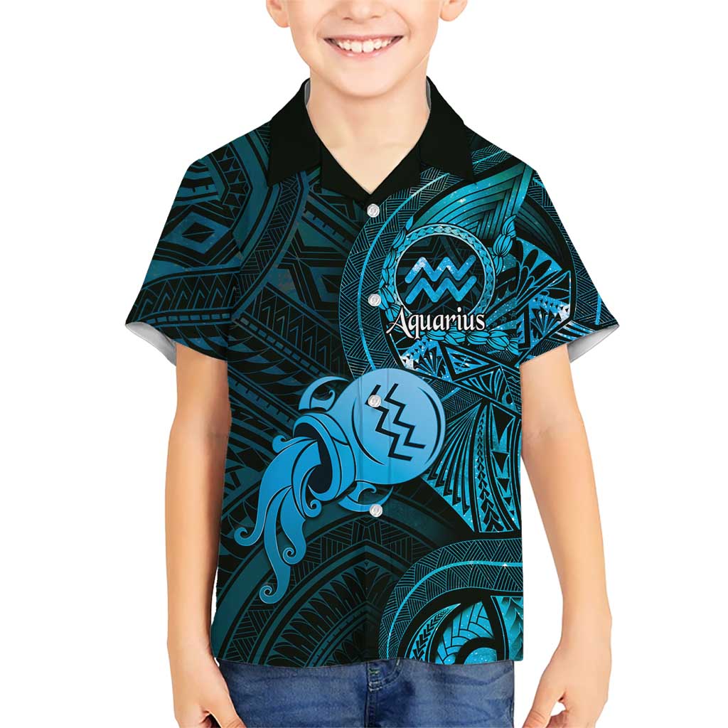 Personalised Polynesia Zodiac Aquarius Family Matching Off The Shoulder Long Sleeve Dress and Hawaiian Shirt Galaxy Polynesian Pattern Chest Tattoo Style LT14 Son's Shirt Blue - Polynesian Pride
