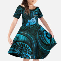 Personalised Polynesia Zodiac Aquarius Family Matching Off Shoulder Maxi Dress and Hawaiian Shirt Galaxy Polynesian Pattern Chest Tattoo Style LT14 Daughter's Dress Blue - Polynesian Pride