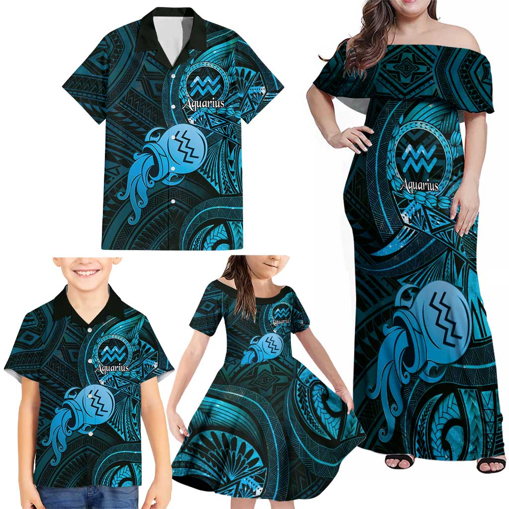 Personalised Polynesia Zodiac Aquarius Family Matching Off Shoulder Maxi Dress and Hawaiian Shirt Galaxy Polynesian Pattern Chest Tattoo Style LT14 - Polynesian Pride