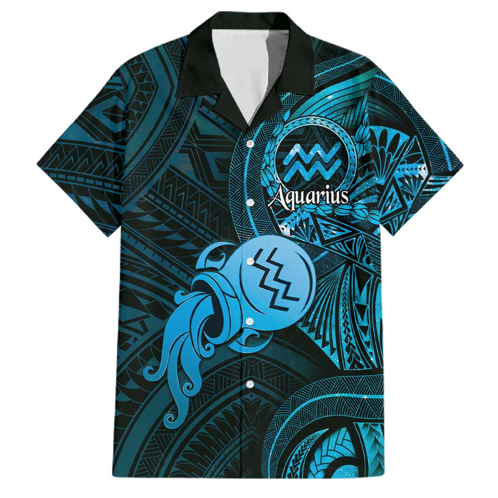 Personalised Polynesia Zodiac Aquarius Family Matching Off Shoulder Short Dress and Hawaiian Shirt Galaxy Polynesian Pattern Chest Tattoo Style