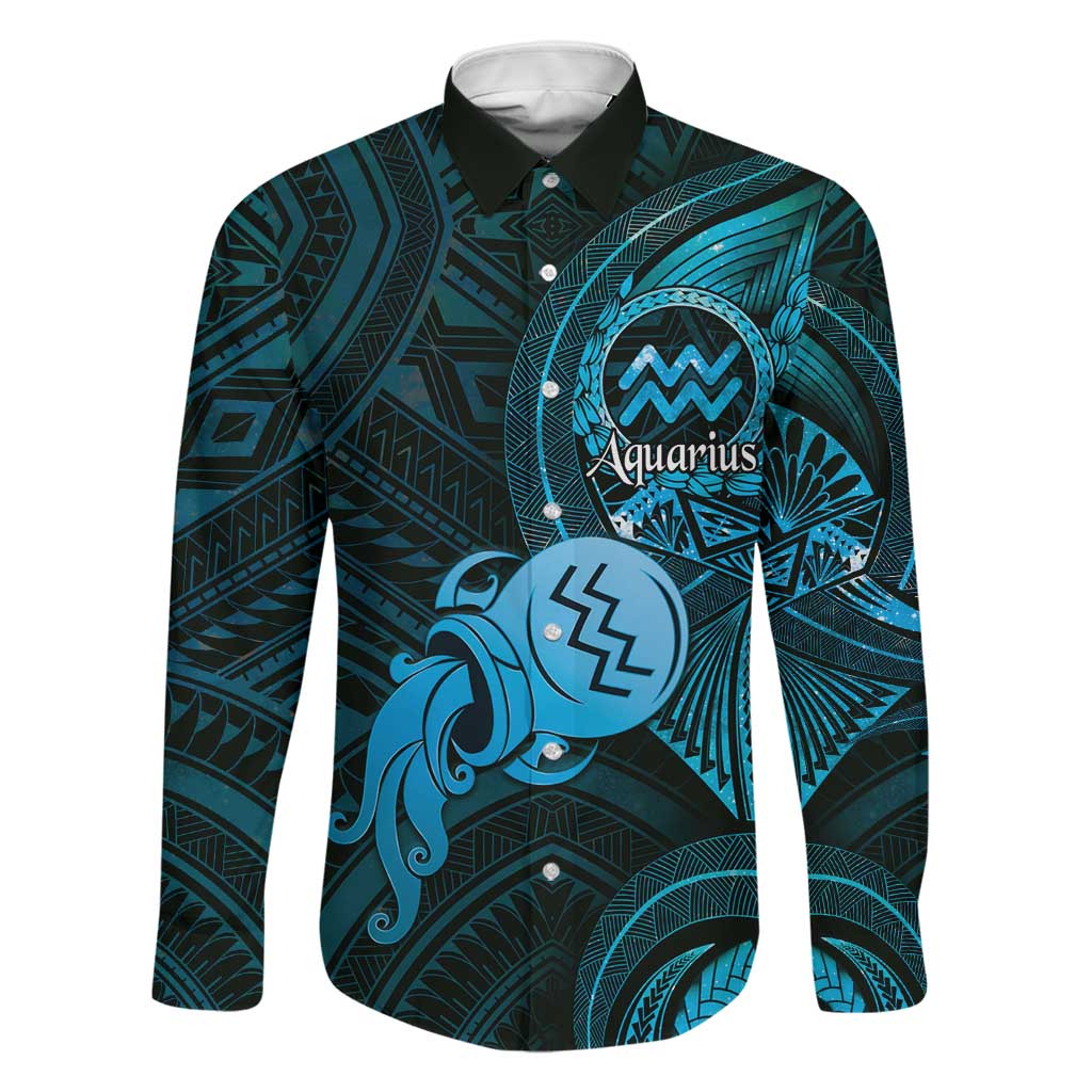 Personalised Polynesia Zodiac Aquarius Family Matching Tank Maxi Dress and Hawaiian Shirt Galaxy Polynesian Pattern Chest Tattoo Style LT14 Dad's Shirt - Long Sleeve Blue - Polynesian Pride