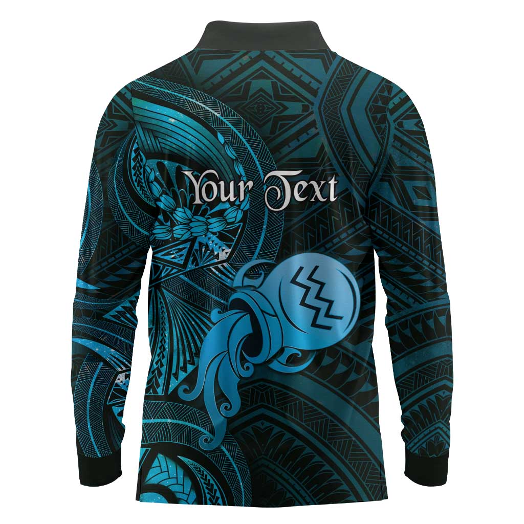Personalised Polynesia Zodiac Aquarius Long Sleeve Polo Shirt Galaxy Polynesian Pattern Chest Tattoo Style