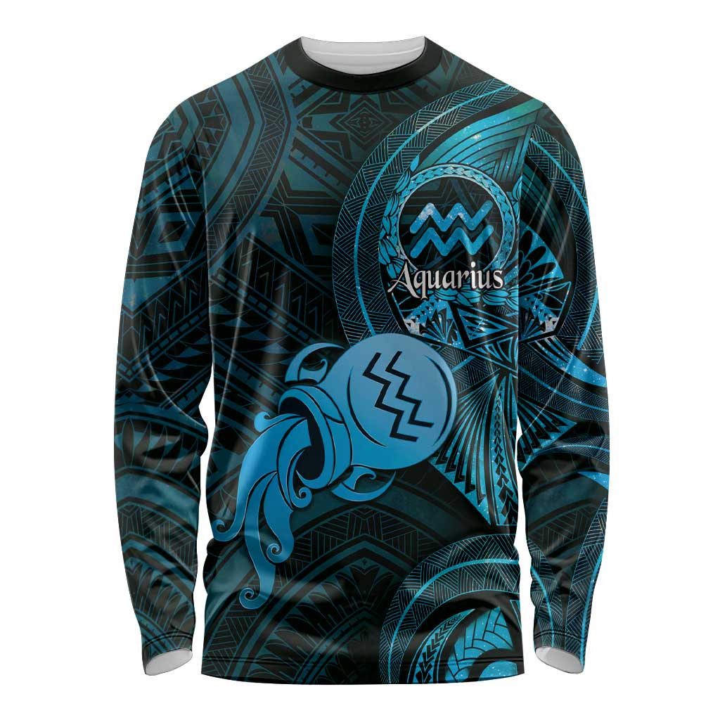 Personalised Polynesia Zodiac Aquarius Long Sleeve Shirt Galaxy Polynesian Pattern Chest Tattoo Style