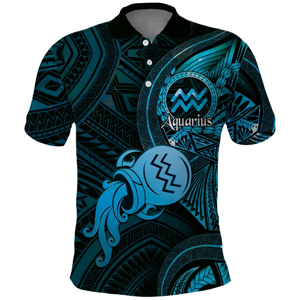 Personalised Polynesia Zodiac Aquarius Polo Shirt Galaxy Polynesian Pattern Chest Tattoo Style LT14 Blue - Polynesian Pride