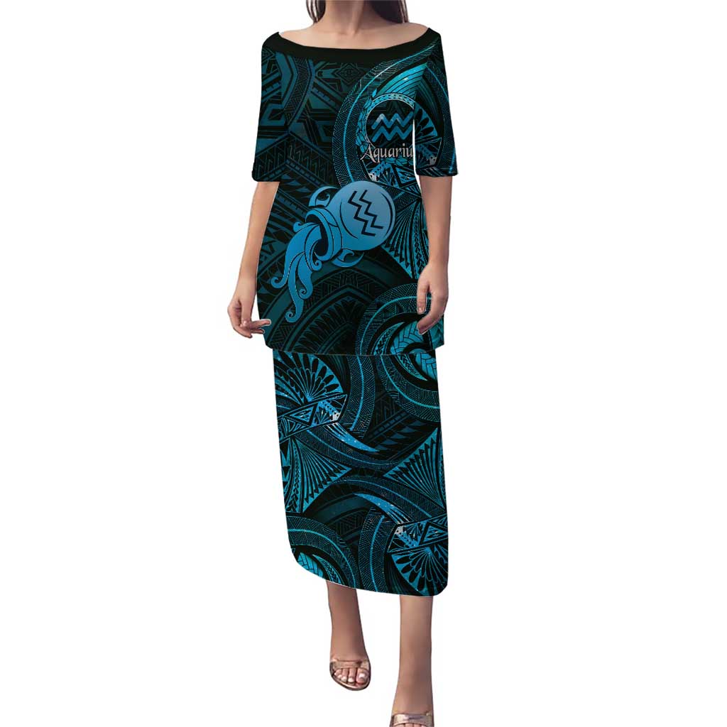 Personalised Polynesia Zodiac Aquarius Puletasi Galaxy Polynesian Pattern Chest Tattoo Style LT14 Long Dress Blue - Polynesian Pride