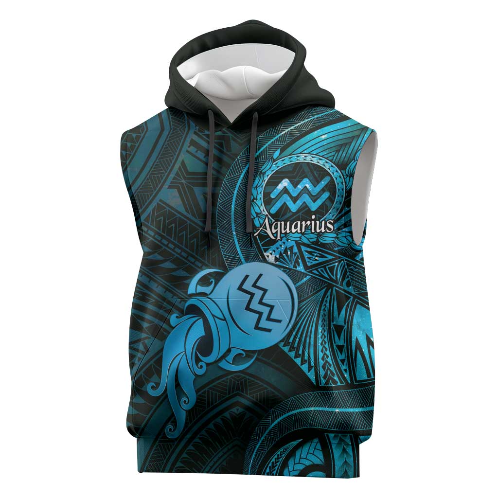 Personalised Polynesia Zodiac Aquarius Sleeveless Hoodie Galaxy Polynesian Pattern Chest Tattoo Style LT14 Blue - Polynesian Pride