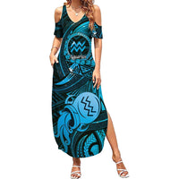 Personalised Polynesia Zodiac Aquarius Summer Maxi Dress Galaxy Polynesian Pattern Chest Tattoo Style LT14 Women Blue - Polynesian Pride