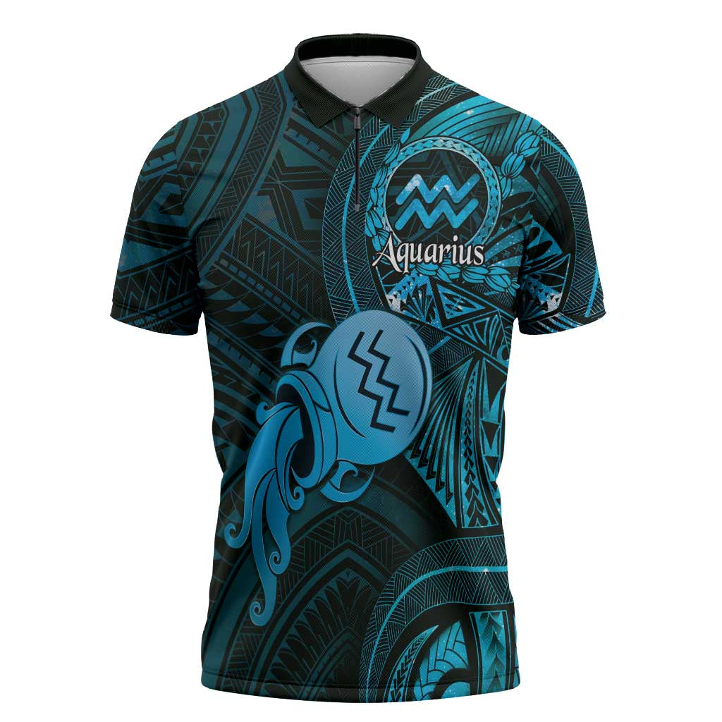 Personalised Polynesia Zodiac Aquarius Zipper Polo Shirt Galaxy Polynesian Pattern Chest Tattoo Style LT14 Blue - Polynesian Pride