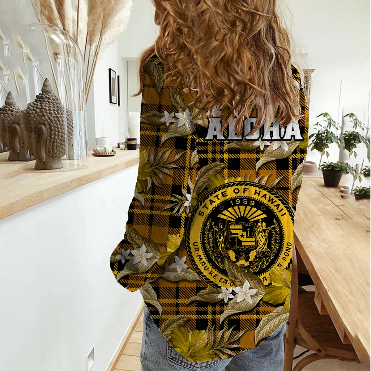 Hawaii State Women Casual Shirt Tropical Flowers Mix Tartan Gold Version LT14 - Polynesian Pride