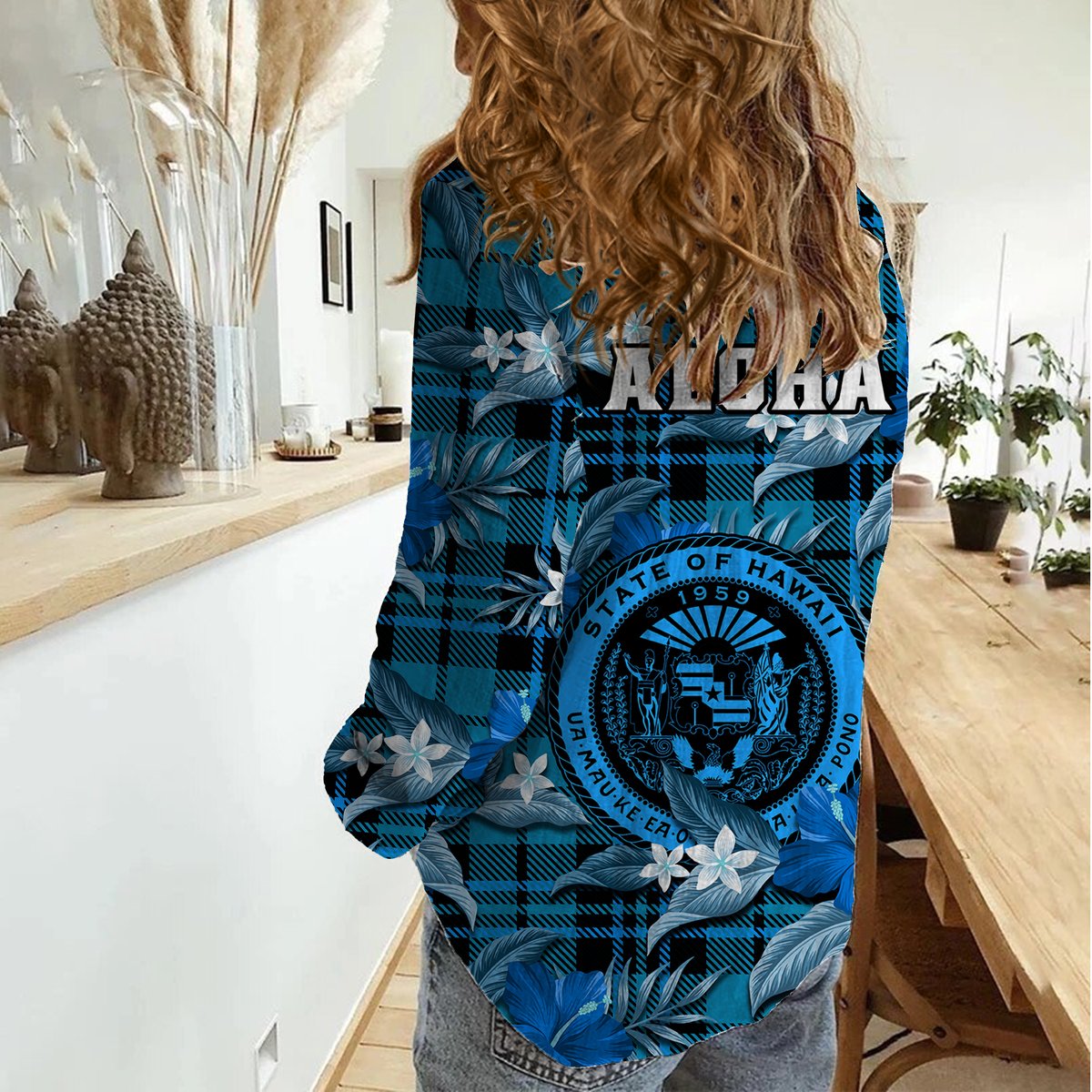 Hawaii State Women Casual Shirt Tropical Flowers Mix Tartan Blue Version LT14 - Polynesian Pride