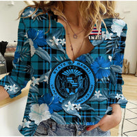 (Custom Personalised) Hawaii State Women Casual Shirt Tropical Flowers Mix Tartan Blue Version LT14 Female Blue - Polynesian Pride
