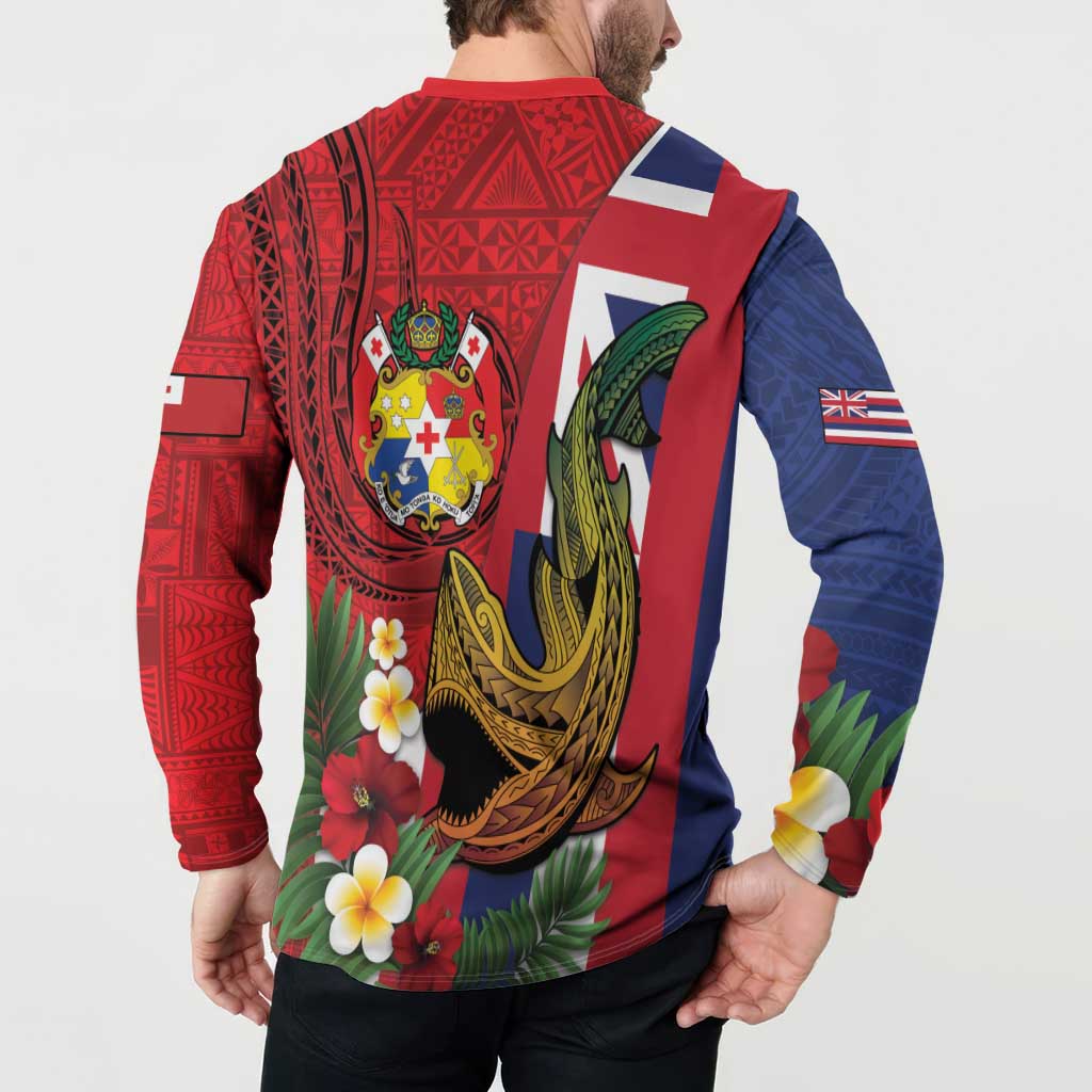 Hawaii And Tonga Button Sweatshirt Shark Tattoo With Tongan Coat Of Arms